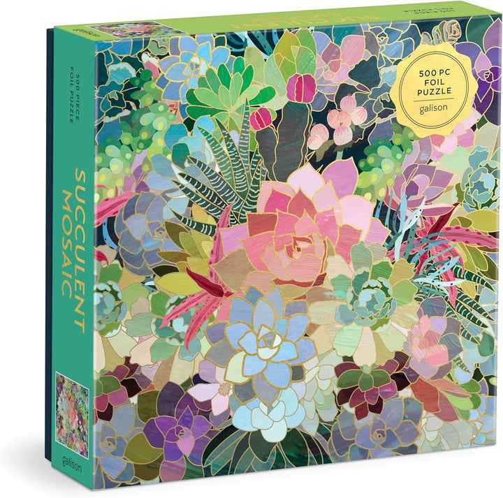 Gallison succulent mosaic foil puzzle packaging with colorful succulents on a white background