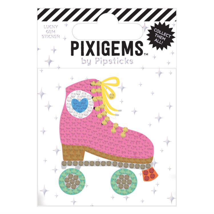 Packaging of Pixigems by Pipsticks with a pink roller skate design on a white background.