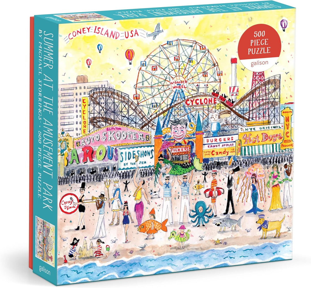 Puzzle box featuring a colorful illustration of Coney Island with a Ferris wheel and people.