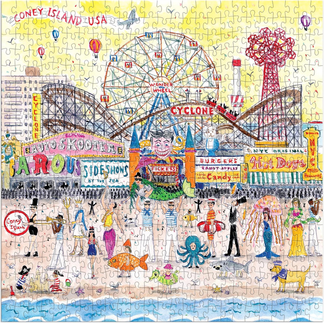 Jigsaw puzzle of Coney Island with famous attractions and people.