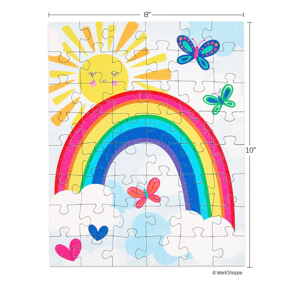 Children's puzzle with a rainbow, sun, and butterflies on a white background