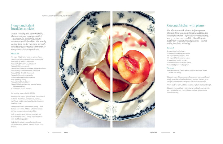Page from a cookbook featuring a dessert with peaches and cream on a decorative plate.