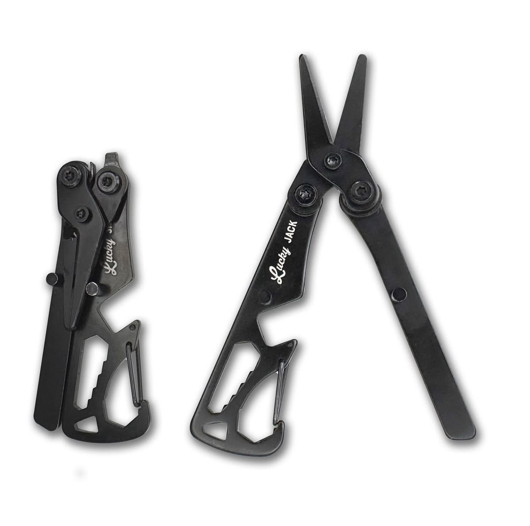 Black multi-tool with pliers and other tools on a white background