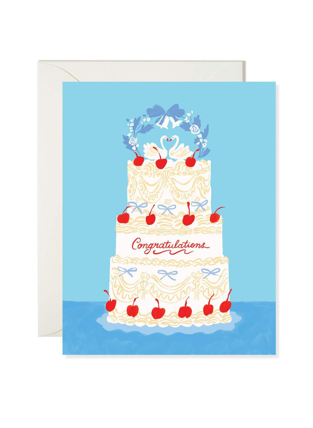 Greeting card with a cake illustration and 'Congratulations' text on a blue background
