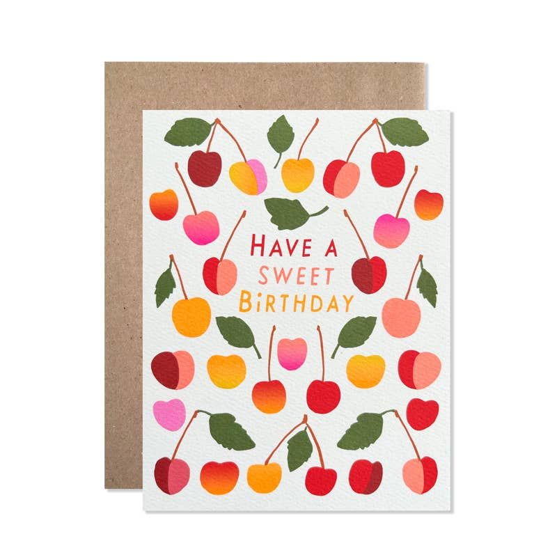 Greeting card with cherry design and 'Have a Sweet Birthday' text on a white background.