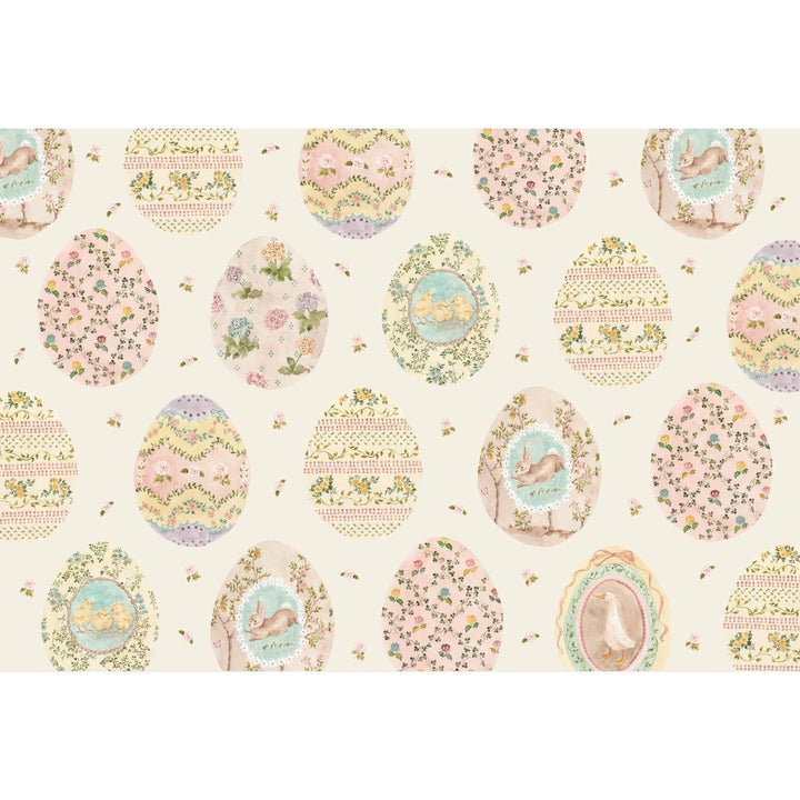 Pattern of decorative eggs with floral and animal designs on a light background