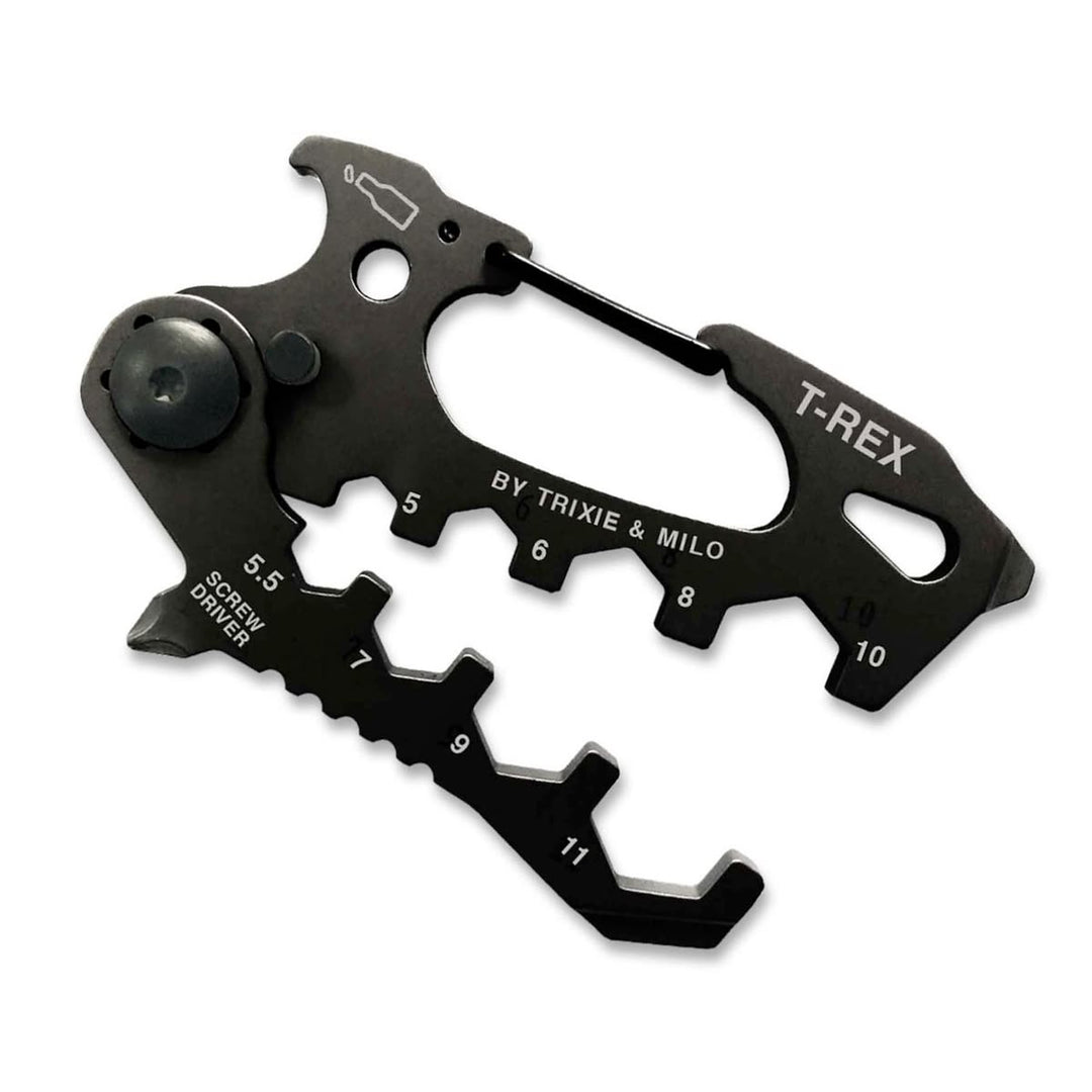 A black multi-tool screwdriver with numbered slots and the brand name T-REX printed on it, shown on a plain white background.