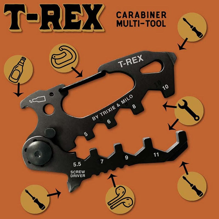 T-Rex Carabiner Multi-Tool shown on an orange background with labeled tool icons and text indicating its functions, including bottle opener, hook, wrench, screw driver, and other utility tasks.