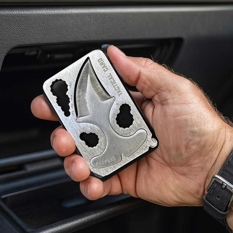 A hand holding a silver metal multi-tool card with cutouts and the brand name 'MATERIAL RAW' visible, set against a dark car interior background.