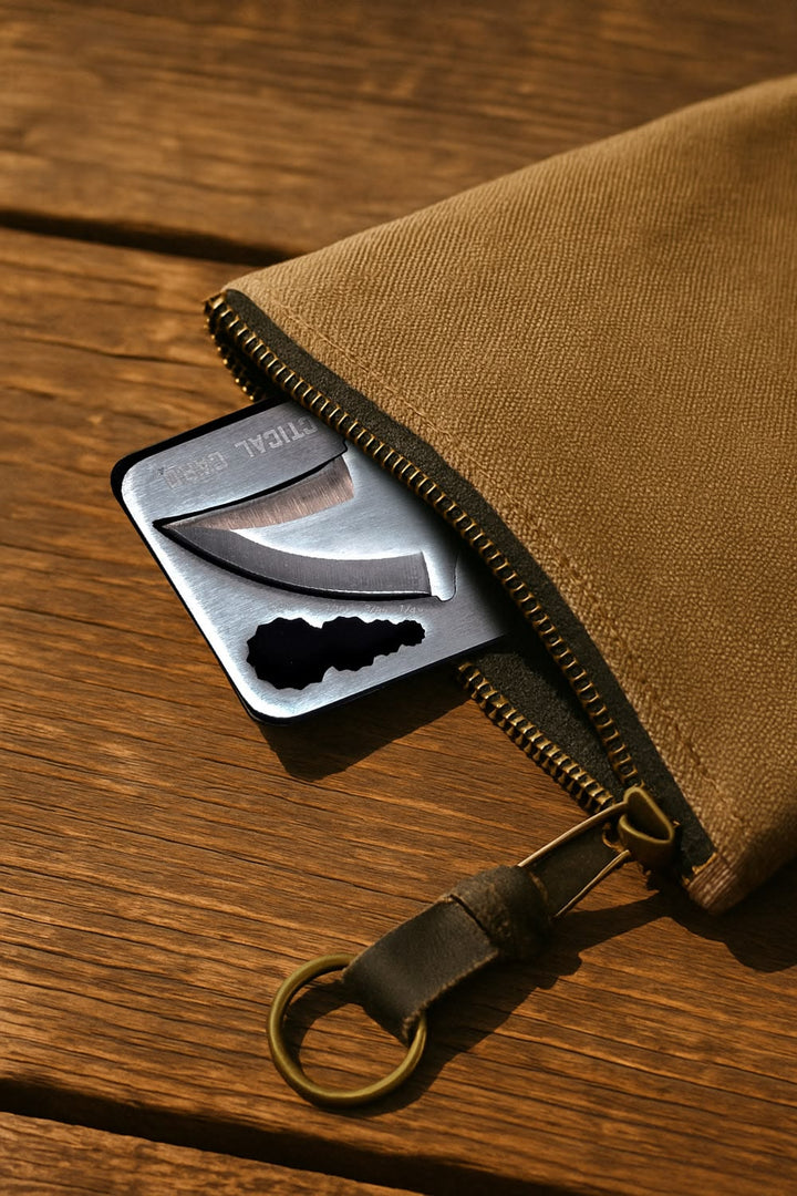 A close-up of a tan canvas zip pouch with a brass zipper and leather pull, shown on a wooden surface. A silver metal card holder or wallet with a curved blade graphic and the text 'TITAN 501' is partially pulled out of the pouch.