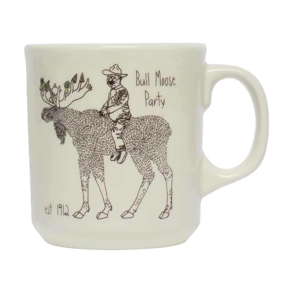A white ceramic coffee mug featuring a black line art illustration of a person riding a spotted moose, with the text 'Bull Moose Party' and 'est. 1912'.