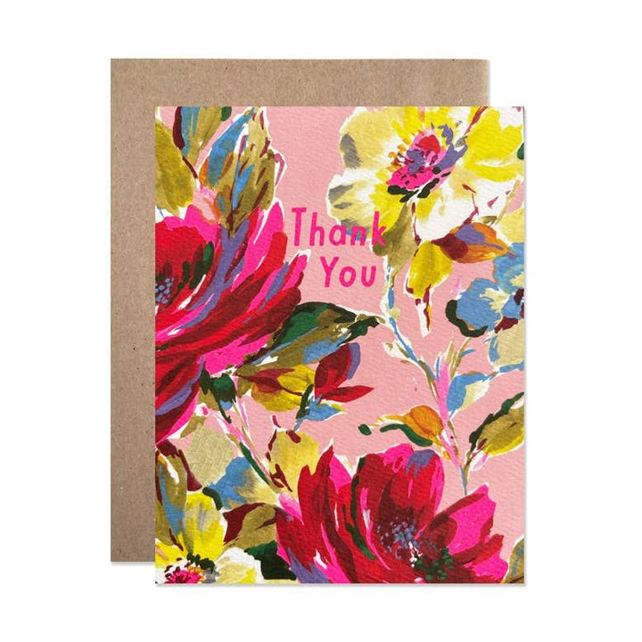 Floral card with 'Thank You' text on a pink background