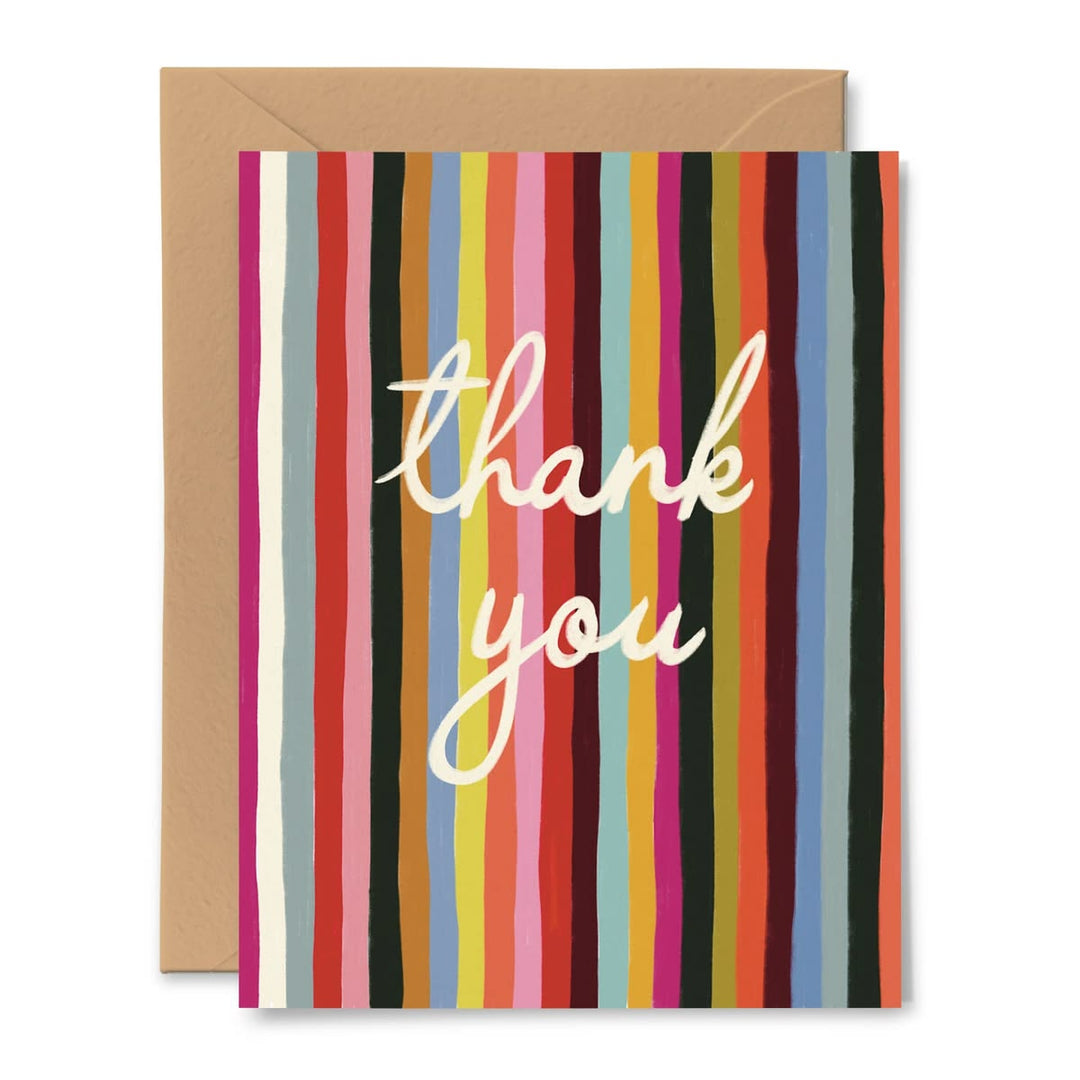Colorful striped card with 'thank you' text on a white background