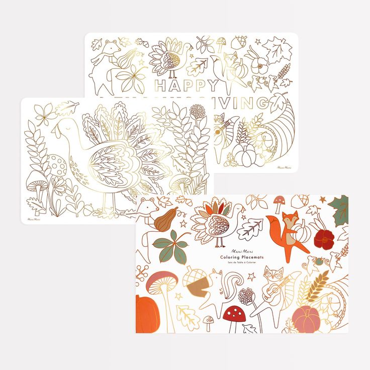 Set of nature-themed coloring placemats with animals and plants on a white background.