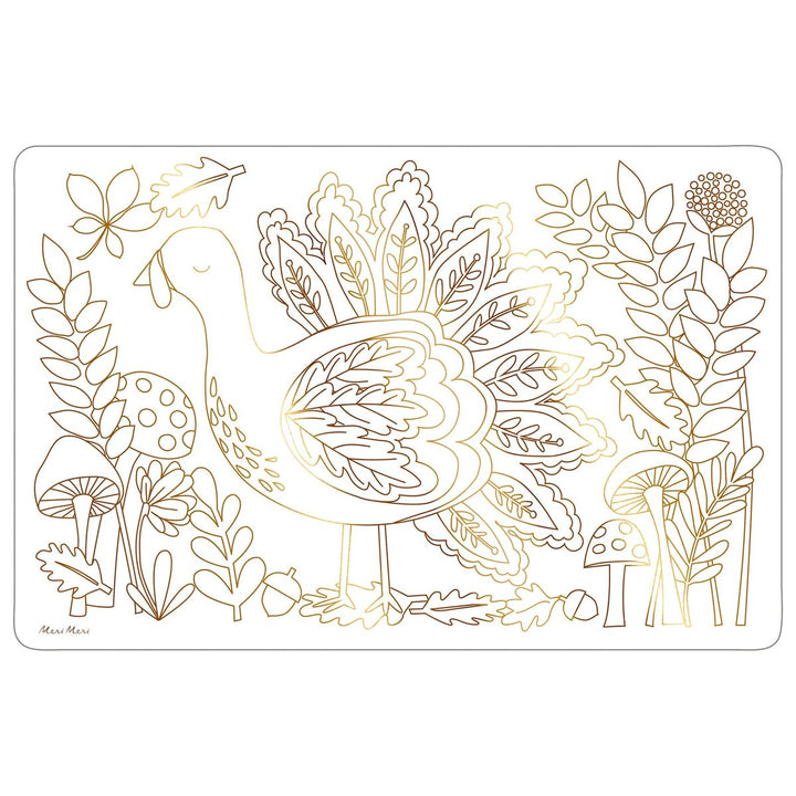 Decorative placemat with gold line art of a swan and nature elements on a white background