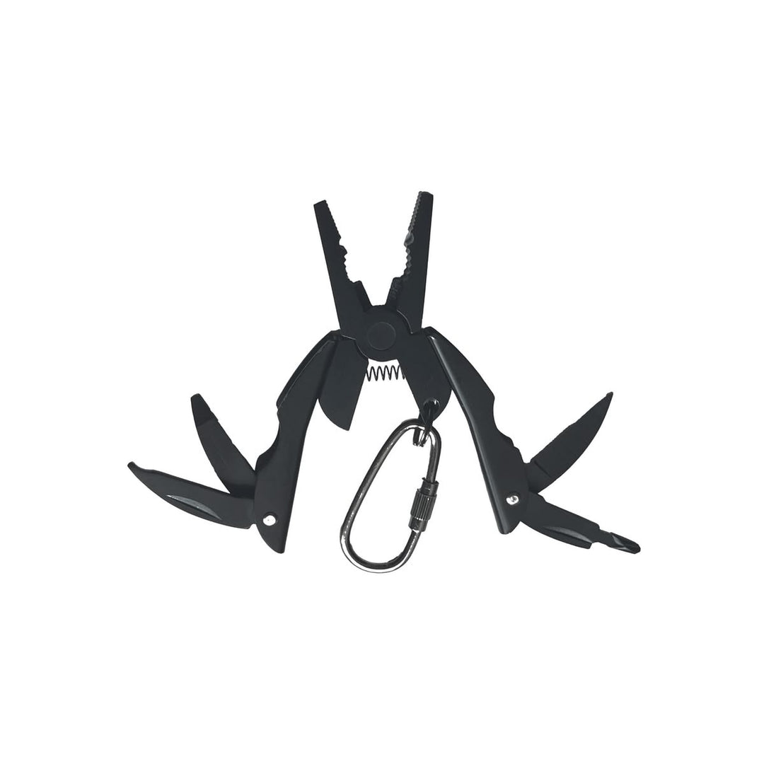 Black multi-tool with various tools on a white background