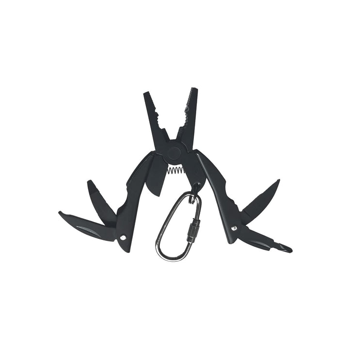 Black multi-tool with various tools on a white background