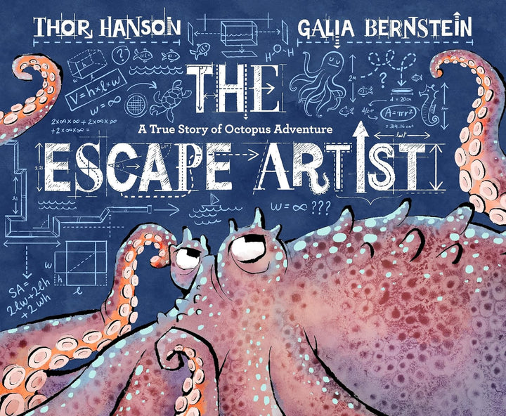 Book cover of 'The Escape Artist' featuring an octopus and mathematical diagrams on a blue background.