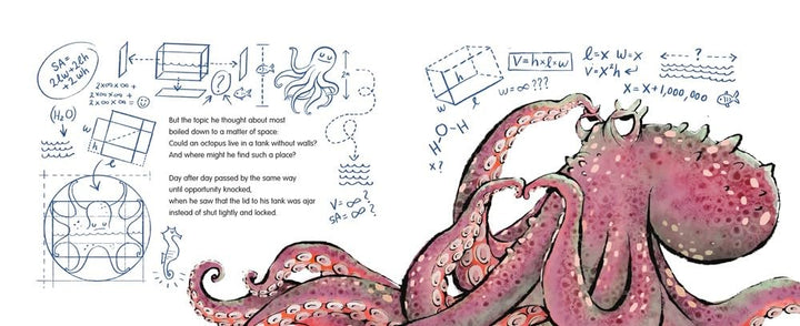 Illustration of a pink octopus with scientific diagrams and text on a white background