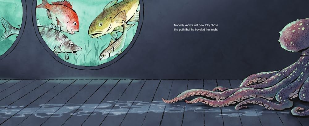 Illustration of underwater scene with fish and octopus on a dark background