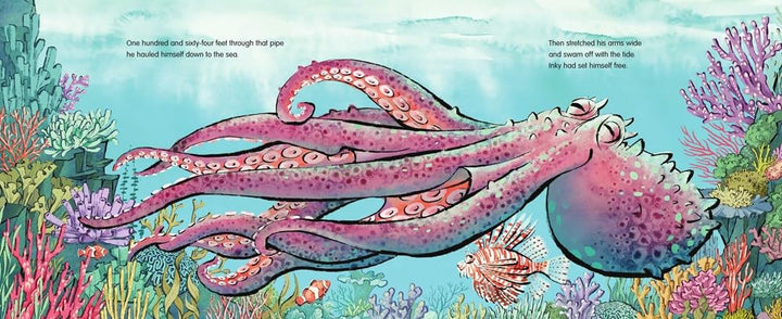 Illustration of an octopus swimming among coral and fish in a underwater scene.