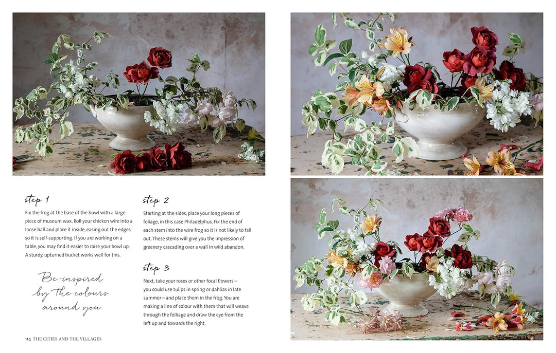 Step-by-step guide to creating a floral arrangement with text and images of flowers in a bowl.