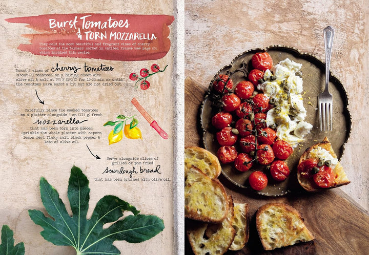 A split-page recipe card or cookbook spread featuring a recipe for Burst Tomatoes & Corn Mozzarella. The left page has a rustic beige background with a red title block, handwritten notes, small tomato illustrations, and a green leaf graphic.