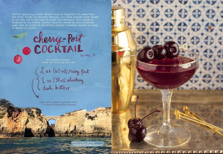 Cocktail recipe card with cherry and Port wine illustration and a photo of a cherry Port cocktail.