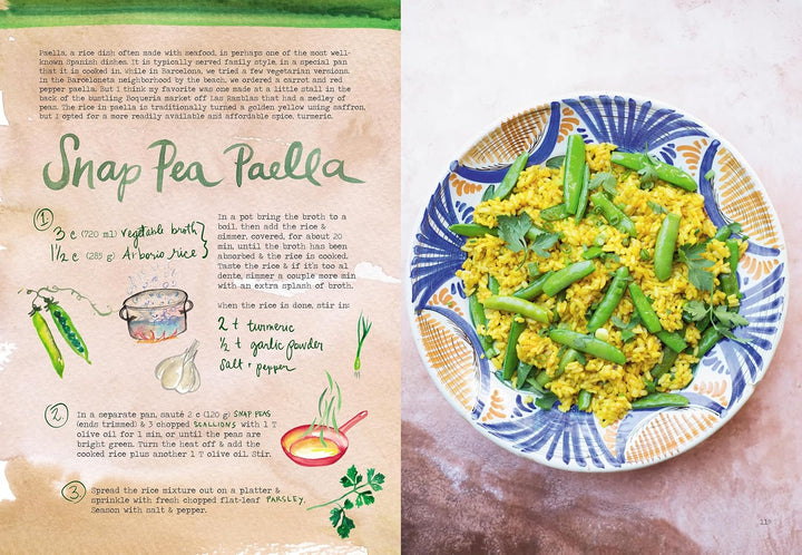 A recipe spread page for 'Snap Pea Paella' showing handwritten-style instructions on the left and a plated prepared dish on the right. The page has a beige parchment background with green title text, blue step numbers, small hand-drawn illustrations of ingredients and utensils, and a rustic wood-toned surface behind the plate.