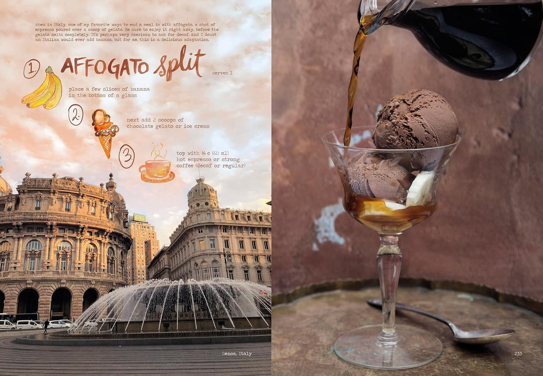 A split-page food and travel style layout. The left page shows the Italian text 'AFFOGATO Split' with small food illustrations, a scenic city square with a fountain, and a building in the background.