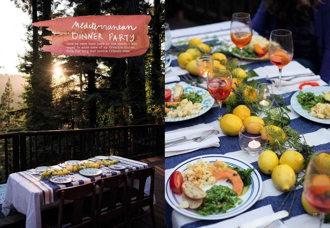 A split collage showing a Mediterranean dinner party setup: on the left, a dining table on a wooden deck at sunset with tall trees in the background and a pink painted brushstroke overlay reading 'Mediterranean Dinner Party'; on the right, a close-up of a decorated table with plates of food, lemons, wine glasses, candles, and blue table linens.