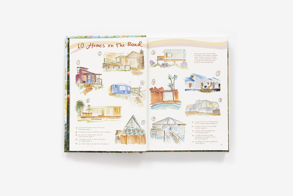 An open illustrated book or magazine spread titled "10 Homes on the Beach," showing watercolor drawings of beach house designs on both pages, photographed against a plain white background.