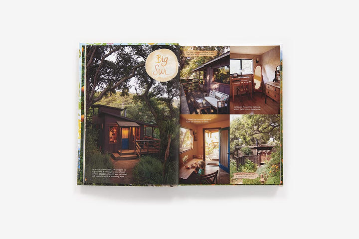 An open printed magazine or brochure spread on a light gray background, showing a collage of outdoor cabin and garden photographs with a circular logo reading 'Fly Me' at the top.