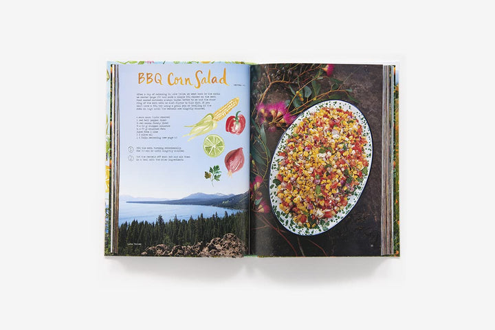 Open cookbook showing a recipe for BBQ Corn Salad with an image of the salad on a white background.