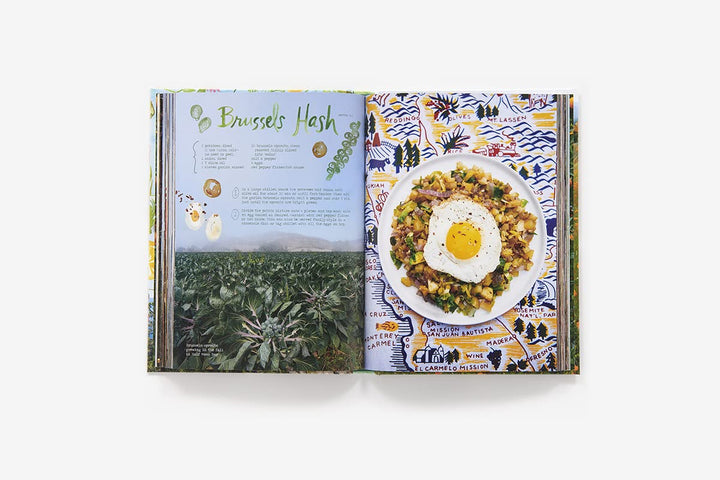 An open cookbook spread showing a recipe for Brussels Hash, with a photo of the prepared dish on the right page and a field scene on the left page, photographed against a light gray background.