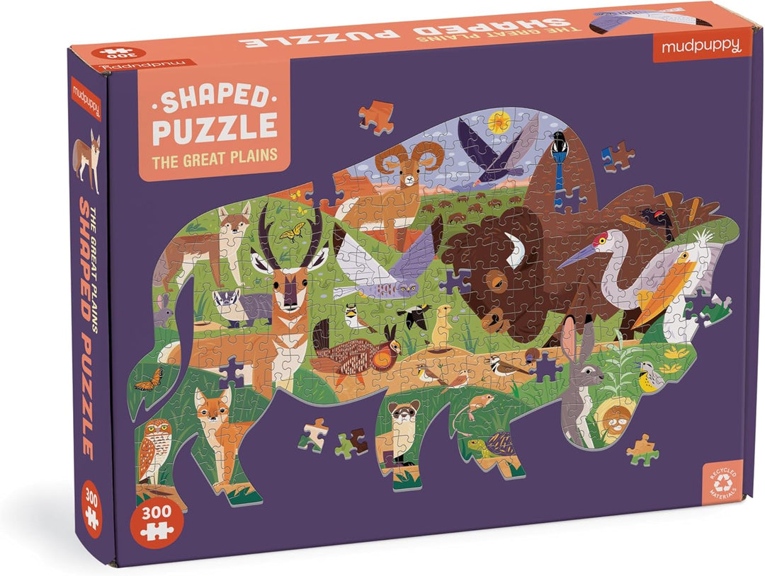 Jigsaw puzzle box featuring a map of the Great Plains with animals on a purple background