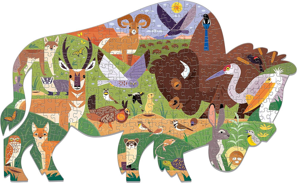 Jigsaw puzzle shaped like a bear with various animals on a white background