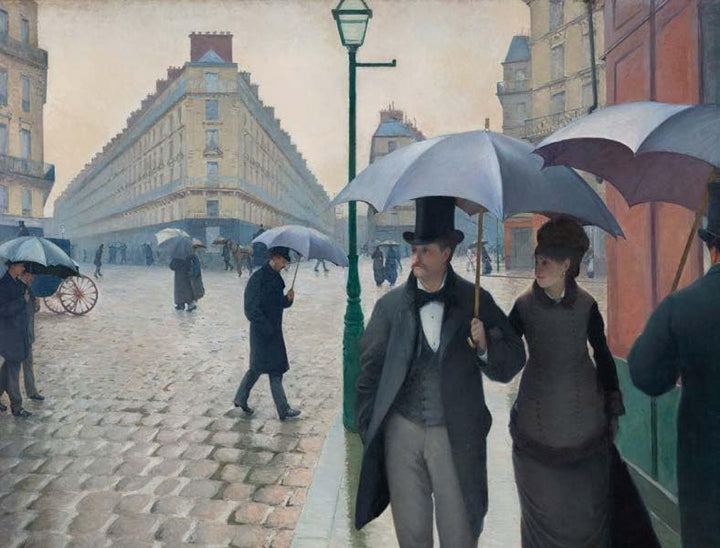 A vintage impressionist painting of a Parisian street scene with pedestrians holding umbrellas, cobblestone pavement, and large buildings in the background.