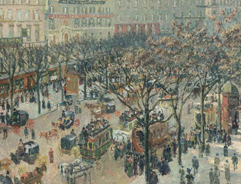 Painting of a bustling city street with people, trees, and vehicles.