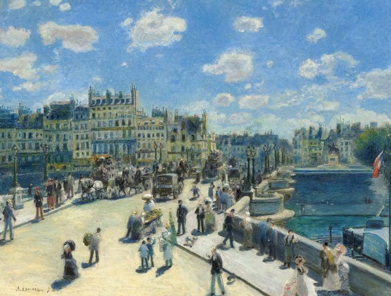 Painting of a city street with people and buildings under a blue sky with clouds.