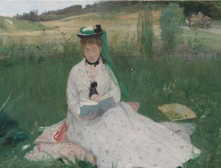 Impressionist-style painting of a woman seated in a grassy field, reading a book, wearing a white dress and green hat with a dark veil, with trees and rolling hills in the background.