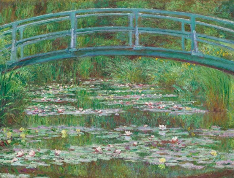 Painting of a Japanese bridge over a pond with water lilies by Claude Monet.