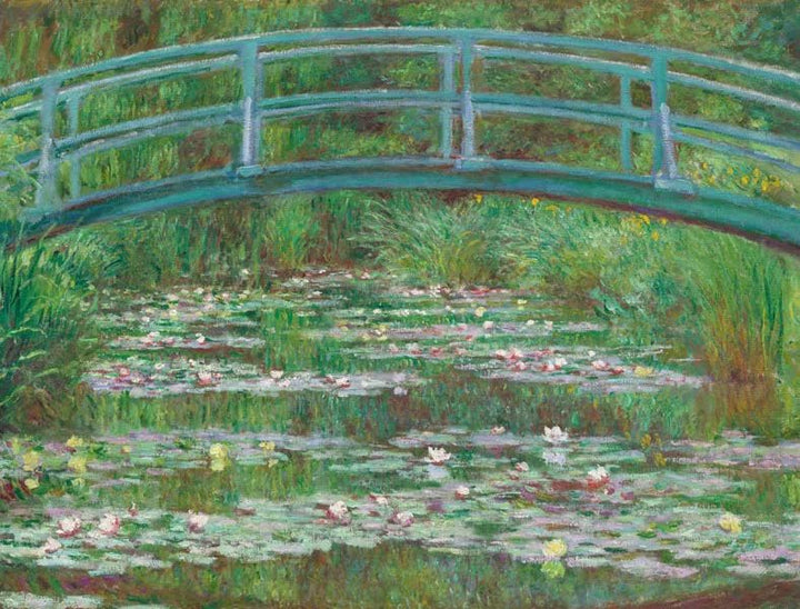 Painting of a Japanese bridge over a pond with water lilies by Claude Monet.