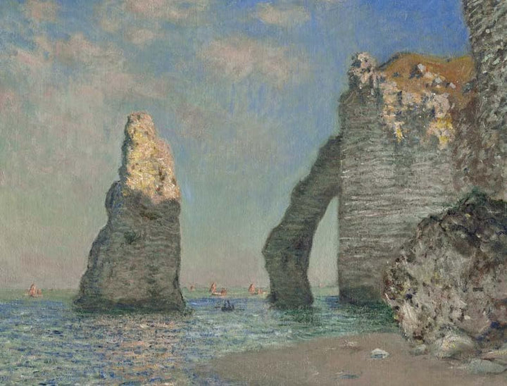 Impressionist-style painting of a coastal sea stack and arch rock formation with blue water, pale sky, and rocky cliffs.