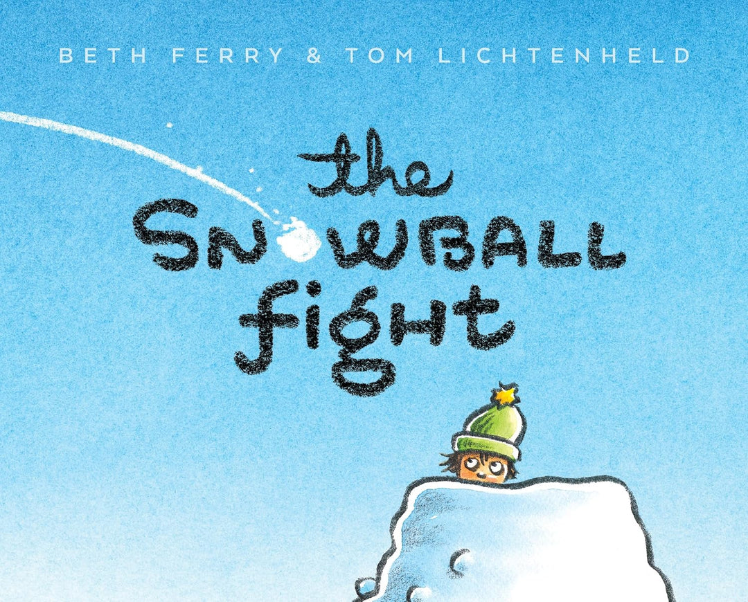 Book cover of 'The Snowball Fight' with a child on a snowball against a blue background