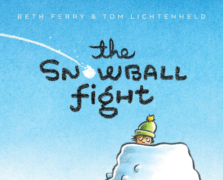 Book cover of 'The Snowball Fight' with a child on a snowball against a blue background