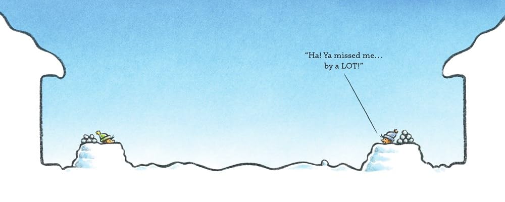 A minimalist cartoon illustration shows a snowy landscape with two small figures on snowbanks under a blue sky. One figure points toward the other with the text, "Ha! Ya missed me.