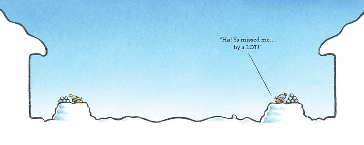 A minimalist cartoon illustration shows a snowy landscape with two small figures on snowbanks under a blue sky. One figure points toward the other with the text, "Ha! Ya missed me.