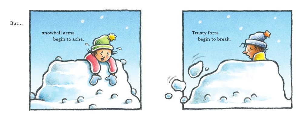 A two-panel comic-style illustration shows a child in a winter outfit sitting on a snow mound in a snowy scene. The left panel has text reading 'snowball arms begin to ache.
