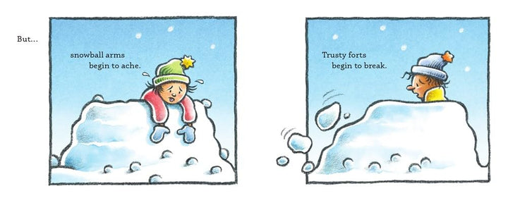 A two-panel comic-style illustration shows a child in a winter outfit sitting on a snow mound in a snowy scene. The left panel has text reading 'snowball arms begin to ache.